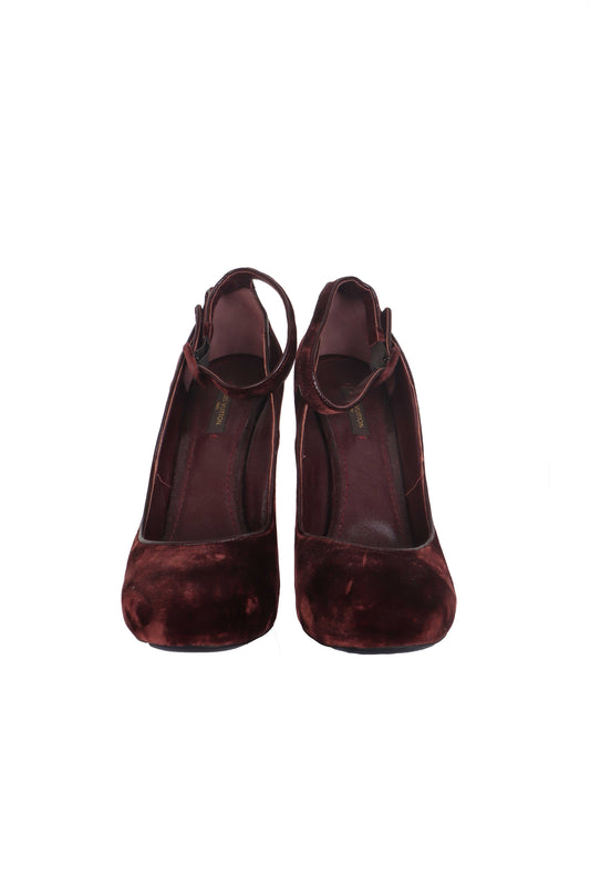 Louis Vuitton Taşlı Kadife Dolgu Topuk Ayakkabı Bordo - 40