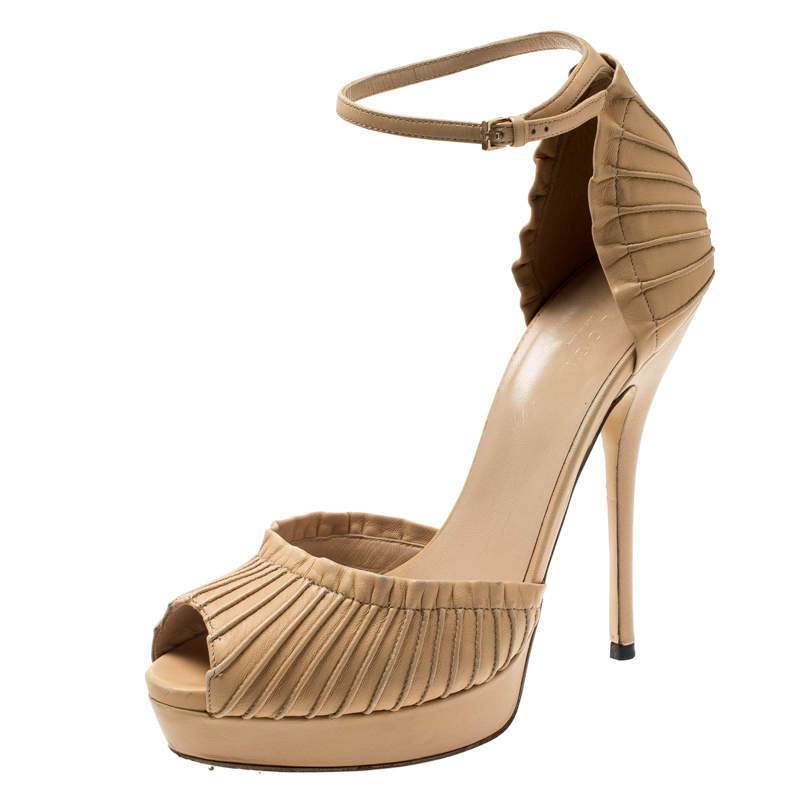 Gucci Beige Leather Taryn Peep Toe Ankle Strap Topuklu Ayakkabı - 36.5