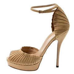Gucci Beige Leather Taryn Peep Toe Ankle Strap Topuklu Ayakkabı - 36.5