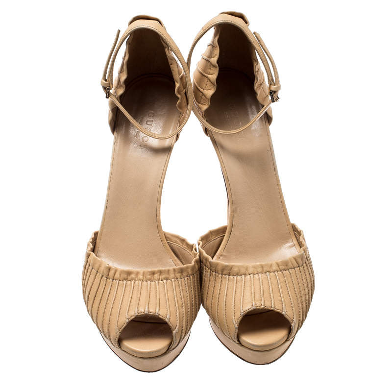 Gucci Beige Leather Taryn Peep Toe Ankle Strap Topuklu Ayakkabı - 36.5